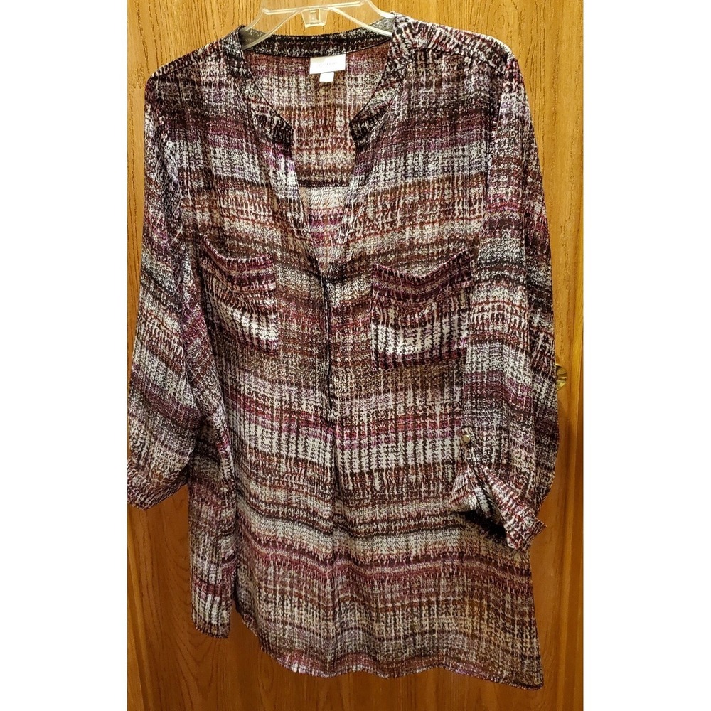 Size 22/24 Women Textured Floral Multi Burgundy Long Sleeve 2 Pocket Soft Avenue